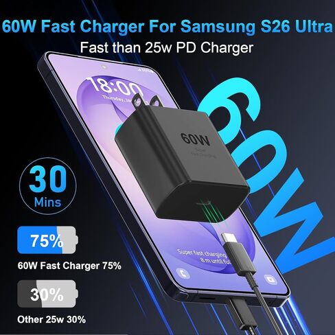 شاحن USB C فائق السرعة 60 واط، شاحن من النوع C شحن سريع كتلة شاحن هاتف Android مع شواحن USB C بطول 10 أقدام سلك كابل شحن سريع لهاتف Samsung Galaxy S26 Ultra/S26+/S26/S25Ultra/S25/S24/S23/S22 in Kuwait