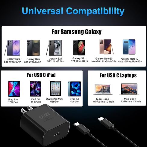 شاحن USB C فائق السرعة 60 واط، شاحن من النوع C شحن سريع كتلة شاحن هاتف Android مع شواحن USB C بطول 10 أقدام سلك كابل شحن سريع لهاتف Samsung Galaxy S26 Ultra/S26+/S26/S25Ultra/S25/S24/S23/S22 in Kuwait
