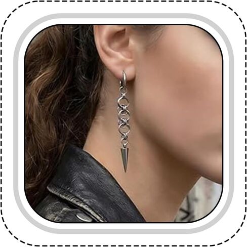 Gothic Punk Chain Dangle Earrings for Women Men, Spike Hoop Earrings, Demon Slayer Style Hoop Earrings with Charms, Silver Tone Spike Chain Punk Earrings, Gift for Valentine's Day, graduation gift in Saudi Arabia