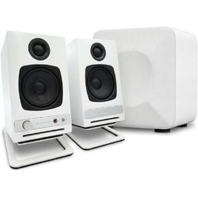 حزمة سماعات سطح المكتب Audioengine A2 HD (HD3) بتقنية البلوتوث للكمبيوتر والكمبيوتر المحمول - إعداد صوتي كامل للمكتب المنزلي مع مضخم صوت يعمل بالطاقة S6 وحامل مكبر صوت DS1M باللون الأبيض in Kuwait