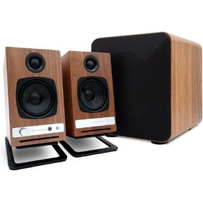 حزمة سماعات سطح المكتب Audioengine A2 HD (HD3) بتقنية البلوتوث للكمبيوتر والكمبيوتر المحمول - إعداد صوتي كامل للمكتب المنزلي مع مضخم صوت يعمل بالطاقة S6 وحامل مكبر صوت DS1M باللون الجوز in Kuwait