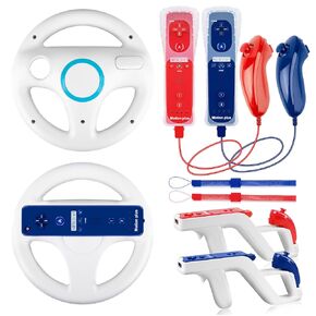 مجموعة وحدات تحكم Wii Motion Plus - قطعتان من وحدات التحكم عن بعد مع Nunchuk (أحمر + أزرق غامق)، مجموعة لاعبين، متوافقة مع Nintendo Wii/Wii U، تتضمن عجلتي قيادة بيضاء + 2 مسدسات Zapper الخفيفة، ملحقات الألعاب المنزلية in Kuwait