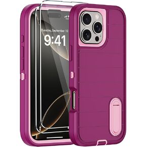 حافظة لهاتف iPhone 16 Pro Max مع واقي شاشة، مسند مدمج غير مرئي، حماية شديدة التحمل ضد الصدمات والسقوط من الدرجة العسكرية غطاء هاتف خلوي متين ثلاثي الطبقات لهاتف Apple 16 Pro Max 6.9 بوصة (أسود) in Kuwait