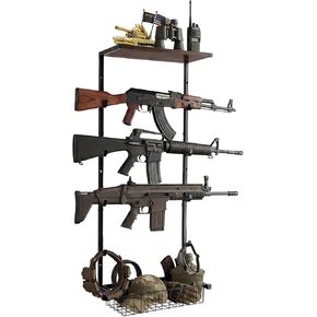 Wall Gun Rack,Indoor Gun Holder, Gun Wall Mount Display, Holds up to 4 Firearms, Includes a Accessories Basket, Suitable for Rifles, Carbines and Shotguns in Saudi Arabia