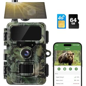 Cellular Trail Camera Solar, 4G LTE Game Cameras 64MP 2K HD Live Streaming,Night Vision Outdoor Camera,Rechargeable Wildlife Camera Deer Cams for Backyard（64GB TF Card Included in Saudi Arabia