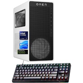 كمبيوتر مكتبي HP Omen 16L 5060 للألعاب، Intel Ultra 7 265F، Geforce RTX 5060، ذاكرة الوصول العشوائي DDR5 سعة 32 جيجابايت، 1 تيرابايت SSD، محور OMEN، يدعم 3 شاشات 4K، HDMI، حزمة لوحة مفاتيح Thunderobot، Windows 11 Home، أبيض in Kuwait