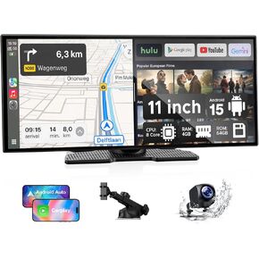 شاشة LAMTTO 11 بوصة AI CarPlay مع تطبيقات تنزيل Google-Play وGemini، سلسة 8 النواة، تشغيل السيارة اللاسلكية Android Auto، شاشة حية 60FPS 1920x720، كاميرا احتياطية 1080P / DVR للترفيه على الطريق in Kuwait