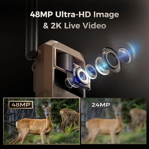 كاميرا Loatos 48MP Trail، كاميرا AI للكشف عن الحيوانات الخلوية 2K Live 4G LTE مدمجة في بطاقة SIM في الوقت الحقيقي Alart 0.1s Trigger Game Camera مع رؤية ليلية الحركة المنشط للماء IP66 Trail Cam in Kuwait