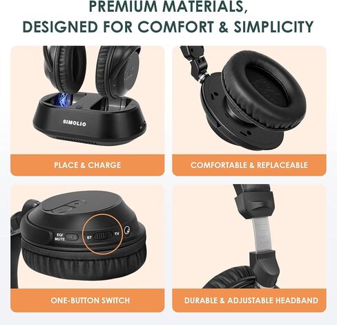SIMOLIO Wireless TV Headphones for Seniors & Hard of Hearing, 2-in-1 TV & Bluetooth Mode, Clear Dialogue, Charging Dock, Works with Soundbar, No Lip-Sync Delay, 20Hr Playtime, Multi-Headphone Support in Saudi Arabia