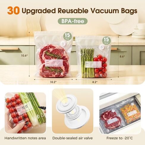 Compact Vacuum Sealer for Food (Handheld Vacuum Sealer + 30 Reusable Vacuum Sealer Bags) Food Saver Vacuum Sealer Machine with Battery Display, Travel Lock and Visible Water Tank for Kitchen Meal Prep in Saudi Arabia