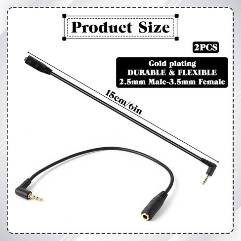 2 Pcs 2.5mm Male to 3.5mm Female Adapter Gold Plated 2.5mm Male to 3.5mm Female Stereo Audio Jack Adapter Cable 90 Degree Right Angle Connector 6 inch Cord for Radios, Headphones, Recorder, Camera in Saudi Arabia