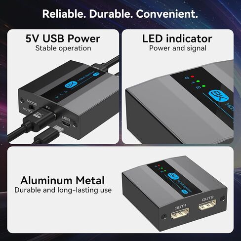 مقسم HDMI 8K 1 في 2 خارج 4K 120 هرتز HDMI 2.1 مقسم للشاشات المزدوجة يدعم إدارة EDID HDCP 2.3 HDR 10 لأجهزة الكمبيوتر المحمولة وأجهزة الكمبيوتر وصناديق التلفزيون ومشغلات DVD PS5/PS4/PS3 in Kuwait