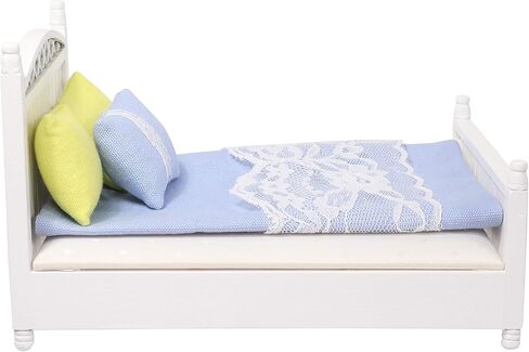 Dollhouse furniture queen bed toy set, pillow, white realistic bedroom accessories for 6 inch dolls, wood frame, 1/12 scale in Saudi Arabia