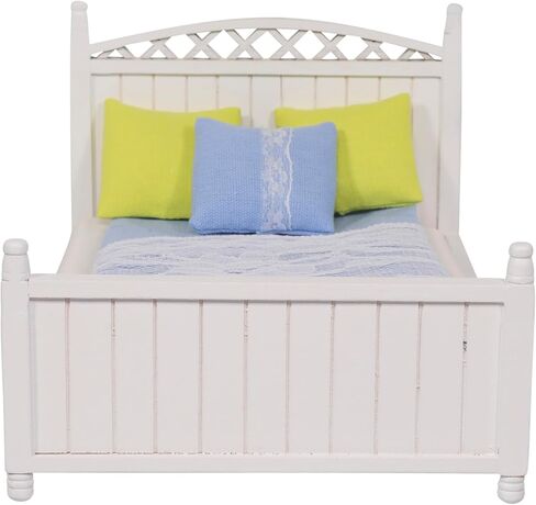 Dollhouse furniture queen bed toy set, pillow, white realistic bedroom accessories for 6 inch dolls, wood frame, 1/12 scale in Saudi Arabia