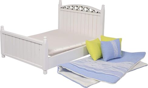 Dollhouse furniture queen bed toy set, pillow, white realistic bedroom accessories for 6 inch dolls, wood frame, 1/12 scale in Saudi Arabia