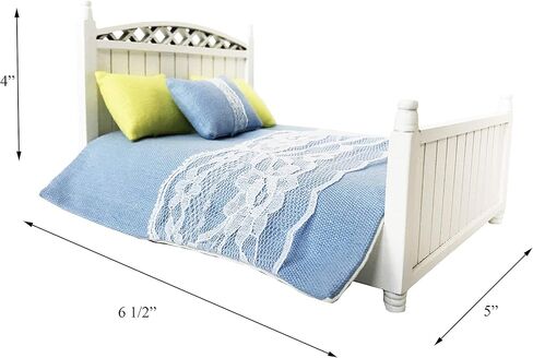 Dollhouse furniture queen bed toy set, pillow, white realistic bedroom accessories for 6 inch dolls, wood frame, 1/12 scale in Saudi Arabia