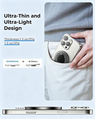 SUPERONE(محدثة) قبضة هاتف مغناطيسية رفيعة للغاية لحامل حلقة MagSafe، مغناطيس مزدوج الجوانب قابل للإزالة، مسند MagSafe لهاتف iPhone 17/16/15/14/13/12 وجميع الهواتف الذكية، يناسب حامل السيارة المغناطيسي in Saudi Arabia