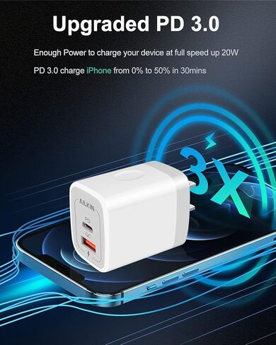 3Pack Dual Port USB-C Wall Plug-in USBC Charger, AILKIN 20W Power Delivery + QC3.0 USB A Double Port Fast Charging Block for iPhone 17 15 14 13 12 Pro Max 14 Pro Mini 16Pro Max 16 Plus 16E X XS Cube in Saudi Arabia