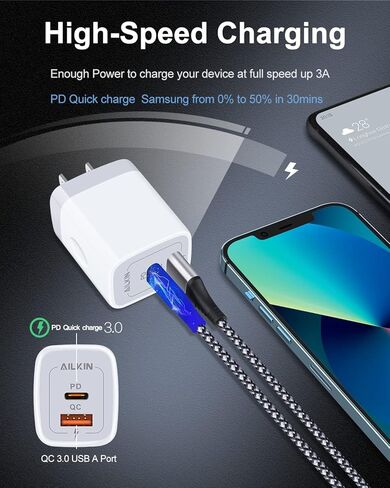 3Pack Dual Port USB-C Wall Plug-in USBC Charger, AILKIN 20W Power Delivery + QC3.0 USB A Double Port Fast Charging Block for iPhone 17 15 14 13 12 Pro Max 14 Pro Mini 16Pro Max 16 Plus 16E X XS Cube in Saudi Arabia