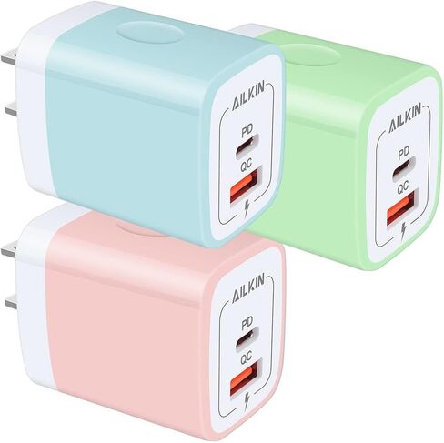 3Pack Dual Port USB-C Wall Plug-in USBC Charger, AILKIN 20W Power Delivery + QC3.0 USB A Double Port Fast Charging Block for iPhone 17 15 14 13 12 Pro Max 14 Pro Mini 16Pro Max 16 Plus 16E X XS Cube in Saudi Arabia