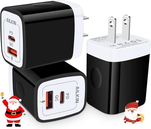 3Pack Dual Port USB-C Wall Plug-in USBC Charger, AILKIN 20W Power Delivery + QC3.0 USB A Double Port Fast Charging Block for iPhone 17 15 14 13 12 Pro Max 14 Pro Mini 16Pro Max 16 Plus 16E X XS Cube in Saudi Arabia