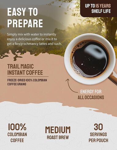 خط المغامرة ReadyWise - عبوات القهوة الفورية Trail Magic، القهوة المجففة بالتجميد، طعام البقاء على قيد الحياة لوجبات الظهر، أساسيات التخييم ومستلزمات التحضير، مدة صلاحية تصل إلى 15 عامًا، 6 أكياس in Kuwait
