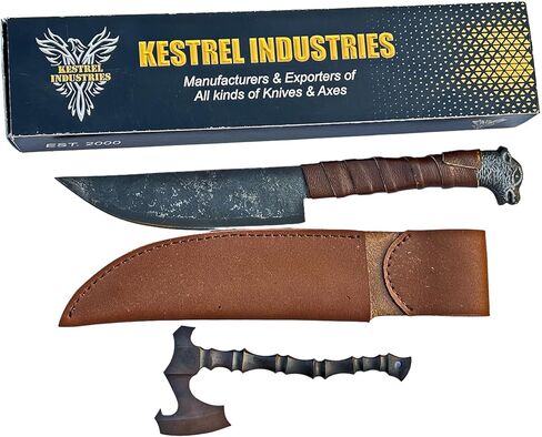 Custom Handmade Viking Carbon Steel Wolf Head Knife with Pure Cowhide Leather Sheath, Viking Carbon Steel Knife with Wolf Head Hilt, Viking Axe Bottle Opener, Axe Beer Bottle Opener Included (KIW-103) in Saudi Arabia