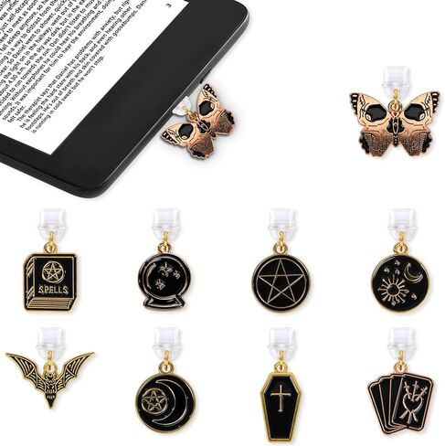 سحر قابس الغبار الغامض الأسود - 9 قطع Tarot Moon Star Butterfly Dust Plug Charm Type C مع Kindle والهاتف USB C منفذ شحن قلادة لـ Kindle للقراء الإلكترونيين محبي الكتب والنساء والرجال in Saudi Arabia