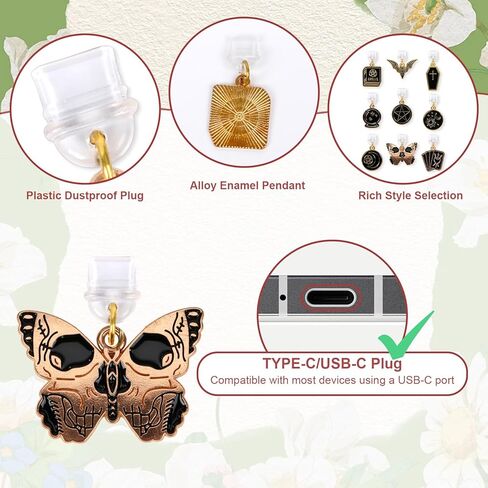 سحر قابس الغبار الغامض الأسود - 9 قطع Tarot Moon Star Butterfly Dust Plug Charm Type C مع Kindle والهاتف USB C منفذ شحن قلادة لـ Kindle للقراء الإلكترونيين محبي الكتب والنساء والرجال in Saudi Arabia