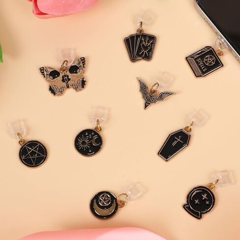 سحر قابس الغبار الغامض الأسود - 9 قطع Tarot Moon Star Butterfly Dust Plug Charm Type C مع Kindle والهاتف USB C منفذ شحن قلادة لـ Kindle للقراء الإلكترونيين محبي الكتب والنساء والرجال in Saudi Arabia