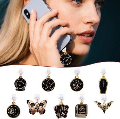 سحر قابس الغبار الغامض الأسود - 9 قطع Tarot Moon Star Butterfly Dust Plug Charm Type C مع Kindle والهاتف USB C منفذ شحن قلادة لـ Kindle للقراء الإلكترونيين محبي الكتب والنساء والرجال in Saudi Arabia