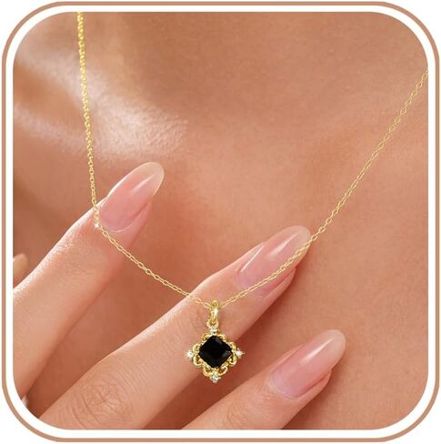 Dainty Black Onyx Necklace for Women,925 Sterling Silver Black Crystal Birthstone Pendant Neckalce for Mother Daughter 14K Gold Plated Square CZ Gemstone Choker Necklace Special Birthday Wedding Jewelry Gifts for Her in Saudi Arabia