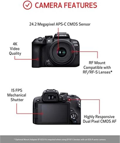 كاميرا Canon EOS R10 بدون مرآة مع RF-S 18-45 مم f/4.5-6.3 هي عدسة STM، 24.2 ميجابكسل APS-C، 4K60 (اقتصاص)، DIGIC X، Dual Pixel CMOS AF II، + مع بطاقة ذاكرة، حقيبة، طقم فلتر، طقم تنظيف، ضمان لمدة عام in Kuwait