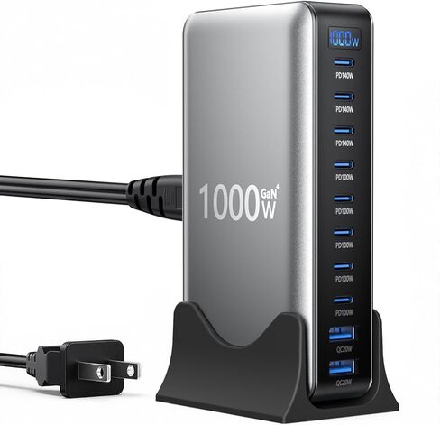 كتلة شاحن USB، محطة شحن 1000 وات 10 منافذ من النوع C، محور USB لأجهزة الكمبيوتر المحمول المتعددة شاحن ماك بوك متوافق مع iPhone 17/16/15/14/13/Samsung Galaxy/MacBook Pro/Air/iPad Pro in Kuwait