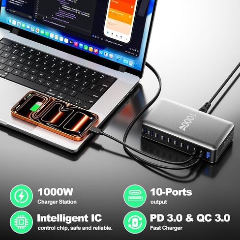 كتلة شاحن USB، محطة شحن 1000 وات 10 منافذ من النوع C، محور USB لأجهزة الكمبيوتر المحمول المتعددة شاحن ماك بوك متوافق مع iPhone 17/16/15/14/13/Samsung Galaxy/MacBook Pro/Air/iPad Pro in Kuwait