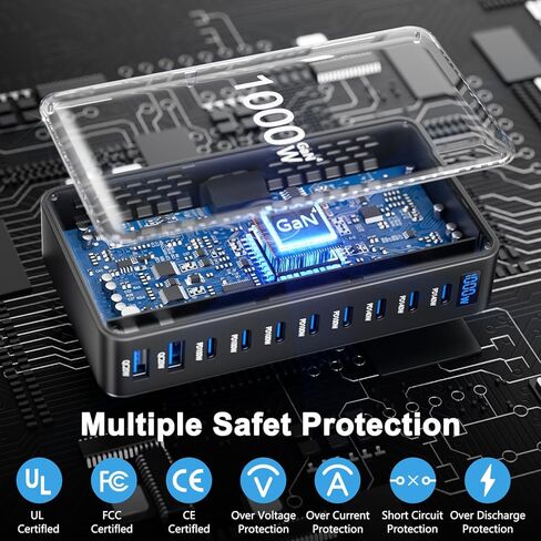 كتلة شاحن USB، محطة شحن 1000 وات 10 منافذ من النوع C، محور USB لأجهزة الكمبيوتر المحمول المتعددة شاحن ماك بوك متوافق مع iPhone 17/16/15/14/13/Samsung Galaxy/MacBook Pro/Air/iPad Pro in Kuwait