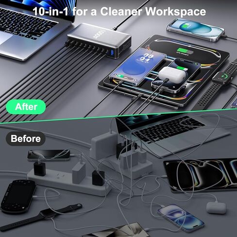 كتلة شاحن USB، محطة شحن 1000 وات 10 منافذ من النوع C، محور USB لأجهزة الكمبيوتر المحمول المتعددة شاحن ماك بوك متوافق مع iPhone 17/16/15/14/13/Samsung Galaxy/MacBook Pro/Air/iPad Pro in Kuwait