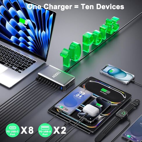 كتلة شاحن USB، محطة شحن 1000 وات 10 منافذ من النوع C، محور USB لأجهزة الكمبيوتر المحمول المتعددة شاحن ماك بوك متوافق مع iPhone 17/16/15/14/13/Samsung Galaxy/MacBook Pro/Air/iPad Pro in Kuwait