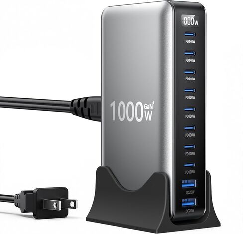كتلة شاحن USB، محطة شحن 1000 وات 10 منافذ من النوع C، محور USB لأجهزة الكمبيوتر المحمول المتعددة شاحن ماك بوك متوافق مع iPhone 17/16/15/14/13/Samsung Galaxy/MacBook Pro/Air/iPad Pro in Kuwait