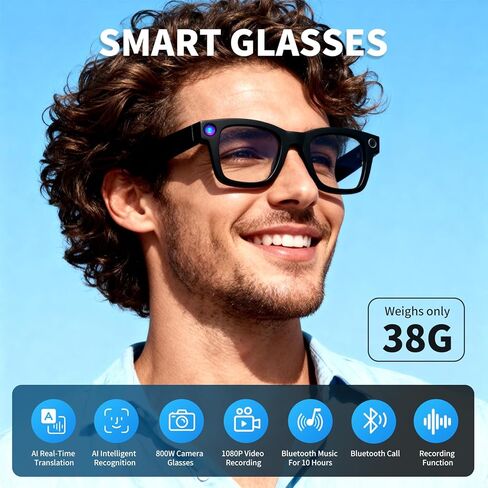 Ai Smart Glasses with Camera, 1080P Video & 8MP Camera Glasses, Real-Time Translation Smart Ai Glasses, Bluetooth Music & Calls, 32Gb Storage in Saudi Arabia