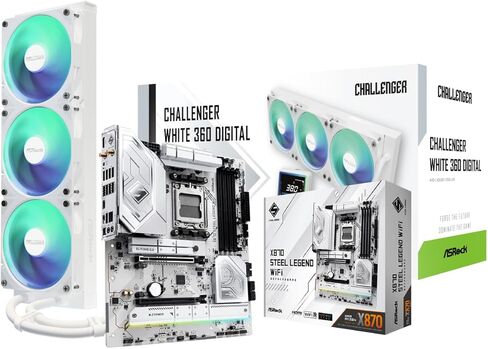 اللوحة الأم ASRock X870 Steel Legend WiFi & Challenger White 360 ​​Digital AIO Cooler Bundle | منصة بيضاء AM5 متميزة مع شاشة عرض مقاس 3 بوصات in Saudi Arabia