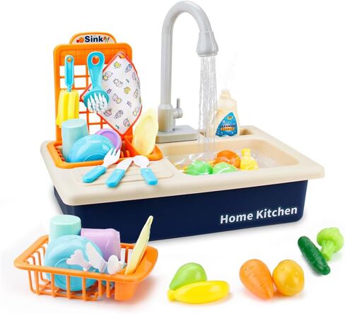 BOBXIN Play Sink with Running Water, Kids Play Kitchen Toy Sink Electric Dishwasher, Pretend Role Play Kitchen Toys Set with Upgraded Working Faucet and Dishes Playset for Girls, Toddler and Boys in Kuwait