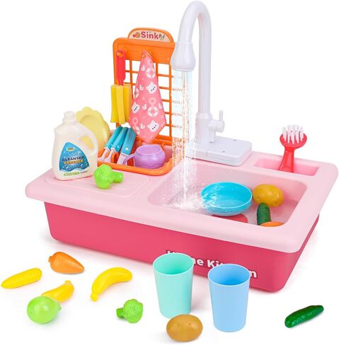 BOBXIN Play Sink with Running Water, Kids Play Kitchen Toy Sink Electric Dishwasher, Pretend Role Play Kitchen Toys Set with Upgraded Working Faucet and Dishes Playset for Girls, Toddler and Boys in Saudi Arabia