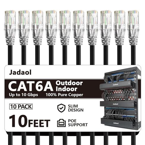 Jadaol Cat6a Ethernet Cable 10 ft 10 Pack, Slim 10G 550MHz 28AWG Patch Cable, Snagless Pure Copper Network Cable, Flexible LAN Cable for Router, Modem, Switch, Patch Panel, Data Center, Gaming, Black in Saudi Arabia