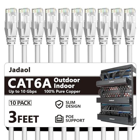 Jadaol Cat6a Ethernet Cable 10 ft 10 Pack, Slim 10G 550MHz 28AWG Patch Cable, Snagless Pure Copper Network Cable, Flexible LAN Cable for Router, Modem, Switch, Patch Panel, Data Center, Gaming, Black in Saudi Arabia