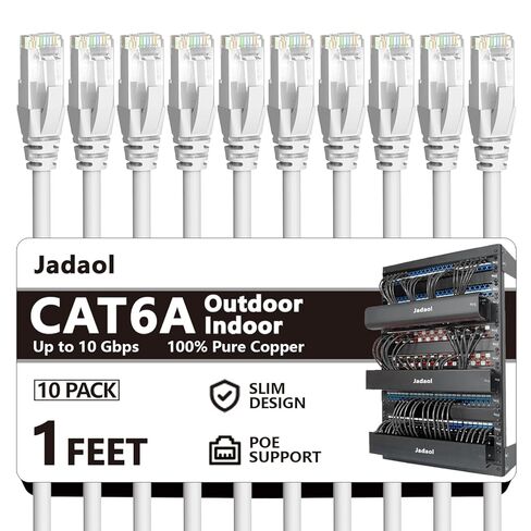 Jadaol Cat6a Ethernet Cable 10 ft 10 Pack, Slim 10G 550MHz 28AWG Patch Cable, Snagless Pure Copper Network Cable, Flexible LAN Cable for Router, Modem, Switch, Patch Panel, Data Center, Gaming, Black in Saudi Arabia