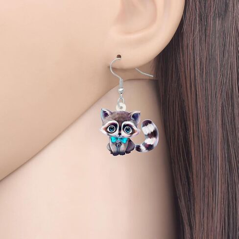 Acrylic Cute Raccoon Earrings Two Side Pattern Cartoon Blue Bow Tie Jungle Animals Dangle Hypoallergenic Jewelry For Women Cool Gifts in Saudi Arabia