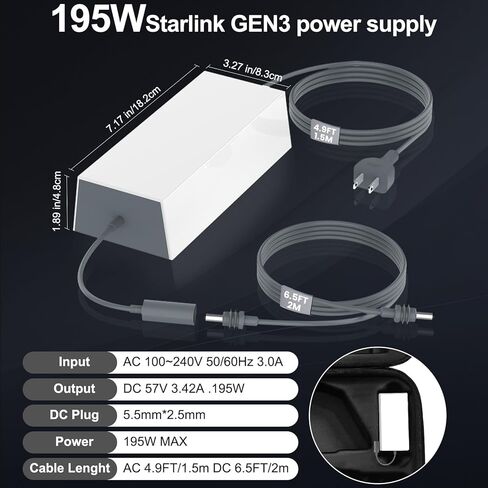 Starlink Gen 3 Power Supply, 195W Replacement AC Adapter 57V 3.45A Power Supply, with6.5FT Detachable DC Cable for Starlink Gen 3 Standard Kit in Saudi Arabia
