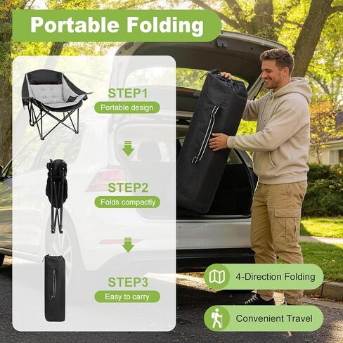 Slendor Oversized Camping Chair, 500 LBS Heavy Duty Support, Portable Padded Outdoor Folding Chairs, with Cup Holder & Carry Bag, for Lawn, Beach, Hiking, Black & Gray in Saudi Arabia