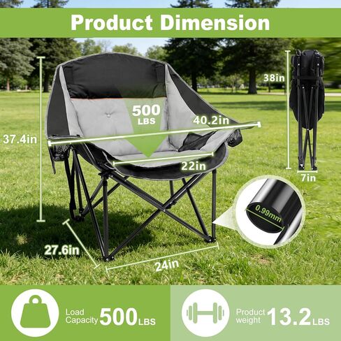 Slendor Oversized Camping Chair, 500 LBS Heavy Duty Support, Portable Padded Outdoor Folding Chairs, with Cup Holder & Carry Bag, for Lawn, Beach, Hiking, Black & Gray in Saudi Arabia